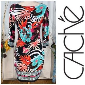 Cache Black and Pink Sheath Midi Dress Long Sleeve Bateau